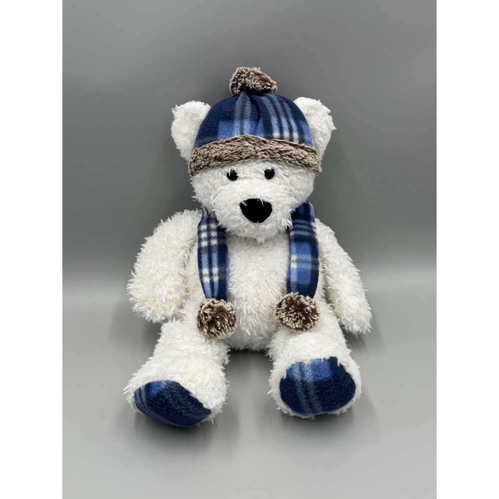GT Gentle Treasures Plush White Bear Blue Plaid Hat Scarf St Jude 16"